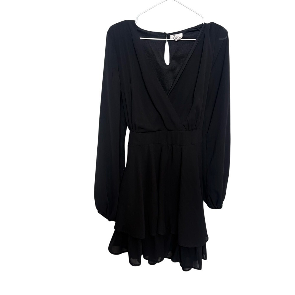 Japna‎ Black Long Sleeve V-Neck Mini Dress Lined Layered Skirt Boho Chic Large